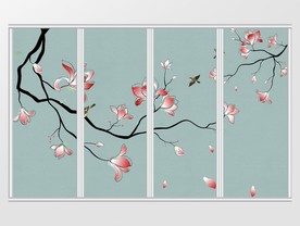 中式手绘抽象花鸟移门
