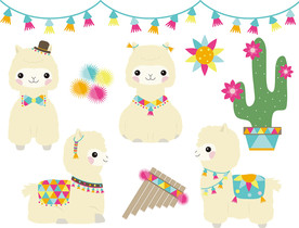 羊驼仙人掌可爱墙贴素材