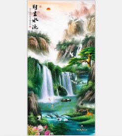 流水生财国画山水立体玄关背景墙