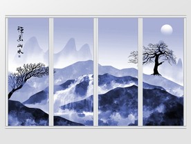 蓝色水墨风景移门