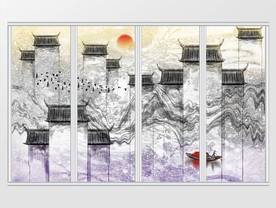 手绘建筑水墨江南移门