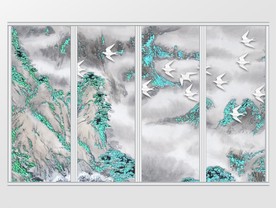 中国风水墨山水飞鸟移门