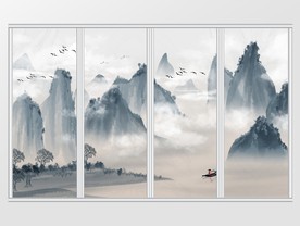 中国风手绘山水水墨意境移门