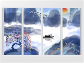 中式水墨意境山水画移门