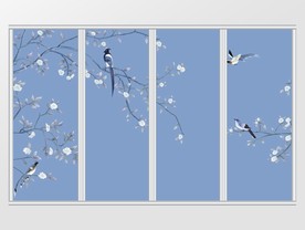 新中式冷色工笔花鸟移门