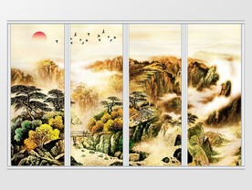 新中式山水风景金色意境移门