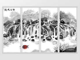 新中式水墨山水画流水生财移门