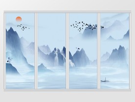 新中式云雾意境飞鸟山峰移门