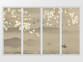 中式山水画花枝意境移门