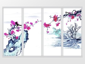 中式喜上枝头梅花奇石山水移门