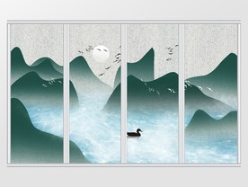 绿色意境水墨山水移门