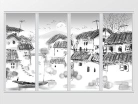 手绘新中式江南水乡移门