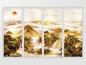新中式金色山水风景意境移门