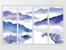 新中式蓝色水墨山水移门