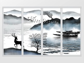 新中式手绘禅意山水画移门