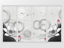 中式水墨荷花移门