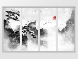 中式水墨山水意境雪景松树移门