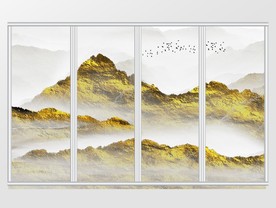 金色中式中国风意境水墨山水移门