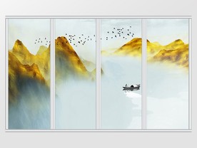 中式金色山水风景移门