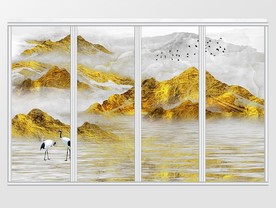 中式金色意境水墨山水移门