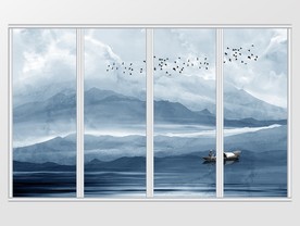 中式蓝色抽象风景移门