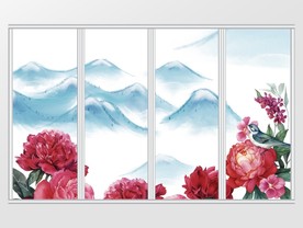 中式水墨山水花鸟图移门
