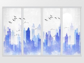 现代简约水彩城市移门