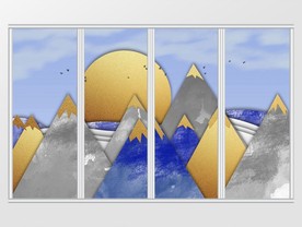 新中式抽象金箔山川飞鸟移门