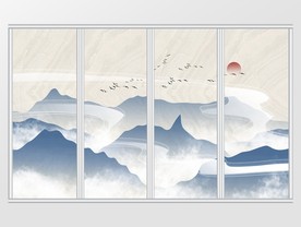 中式意境水墨淡蓝色山水移门