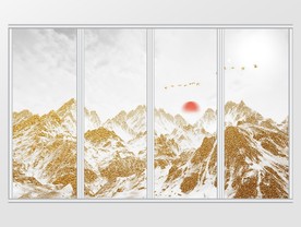 新中式唯美金箔画山川飞鸟移门