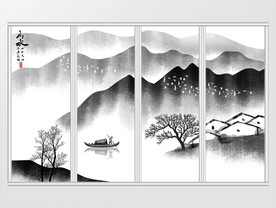 中式秀丽河山水墨山水移门