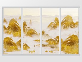 中式金色山水风景移门