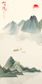 山水情渔船中式玄关装饰画