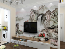 PSD中式电视墙纸样机图