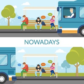 扁平化公交车站生活情景场景矢量