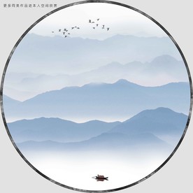 圆形蓝色山水画装饰画