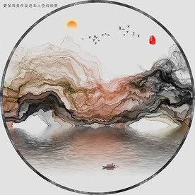 高清圆形山水烟雾装饰画挂画
