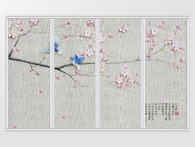 新中式古典桃花落花飞鸟移门