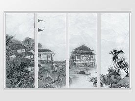 新中式水墨月色客家小亭移门
