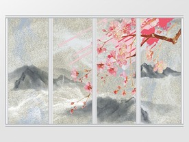 新中式现代唯美梅花山水水彩移门