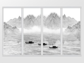 新中式水墨高清远山小船移门