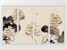 中式古典金色荷花荷叶移门