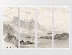 新中式水墨诗意重山小船倒影移门