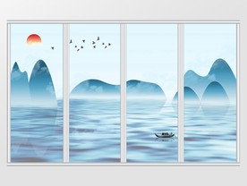 新中式蓝色水墨山水风景移门