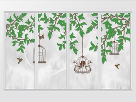 现代简约夏季清新树叶鸟笼移门