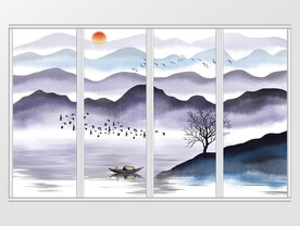 新中式抽象蓝色水墨山水移门