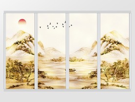 新中式金色水墨山水风景移门