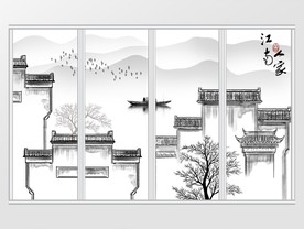 新中式手绘水墨江南背景移门