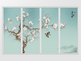 中式山水花鸟花开富贵移门