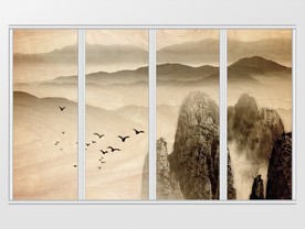 新中式水墨群鸟众山远景移门